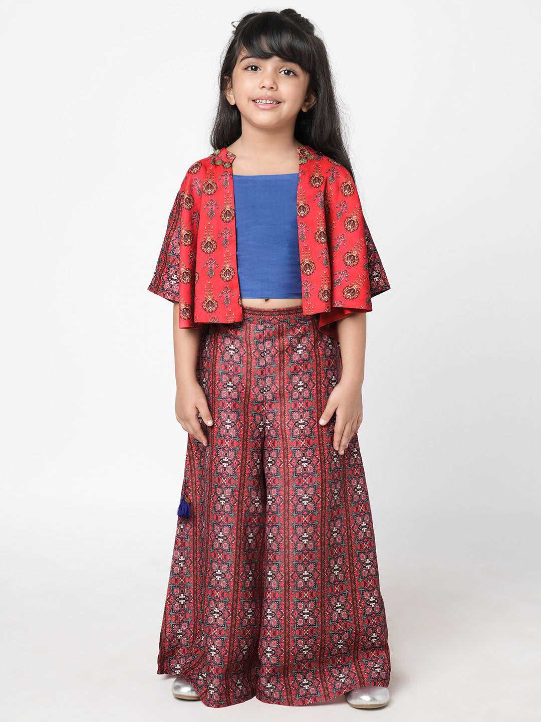 Ethnic Twist Girls Red Print Flared Palazzo with Top and Jacket Girls Co-ordinate set