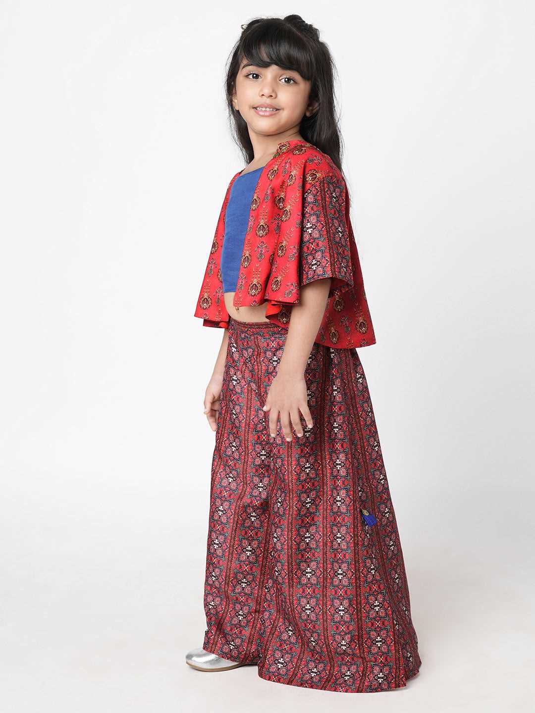 Ethnic Twist Girls Red Print Flared Palazzo with Top and Jacket Girls Co-ordinate set