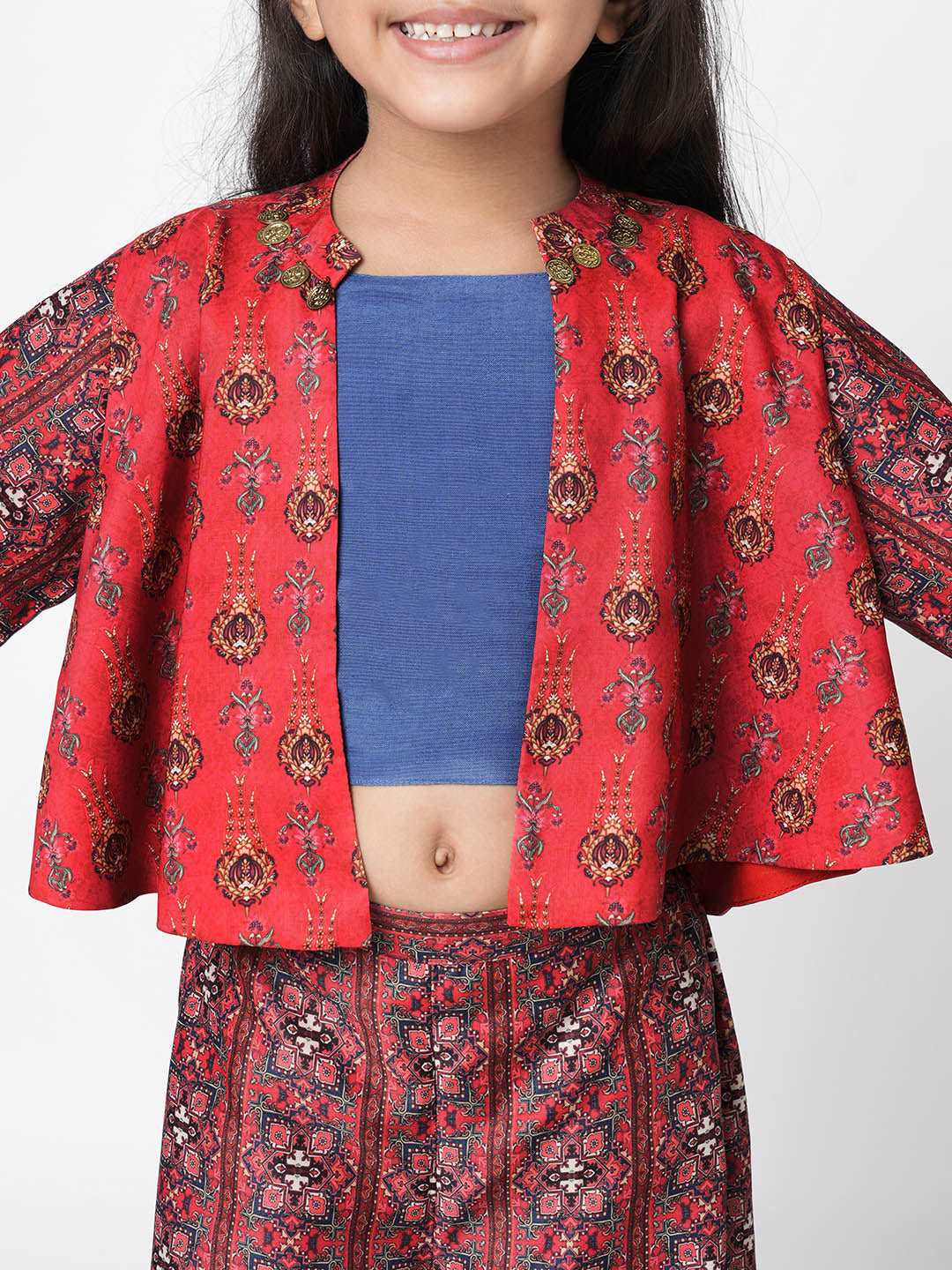 Ethnic Twist Girls Red Print Flared Palazzo with Top and Jacket Girls Co-ordinate set