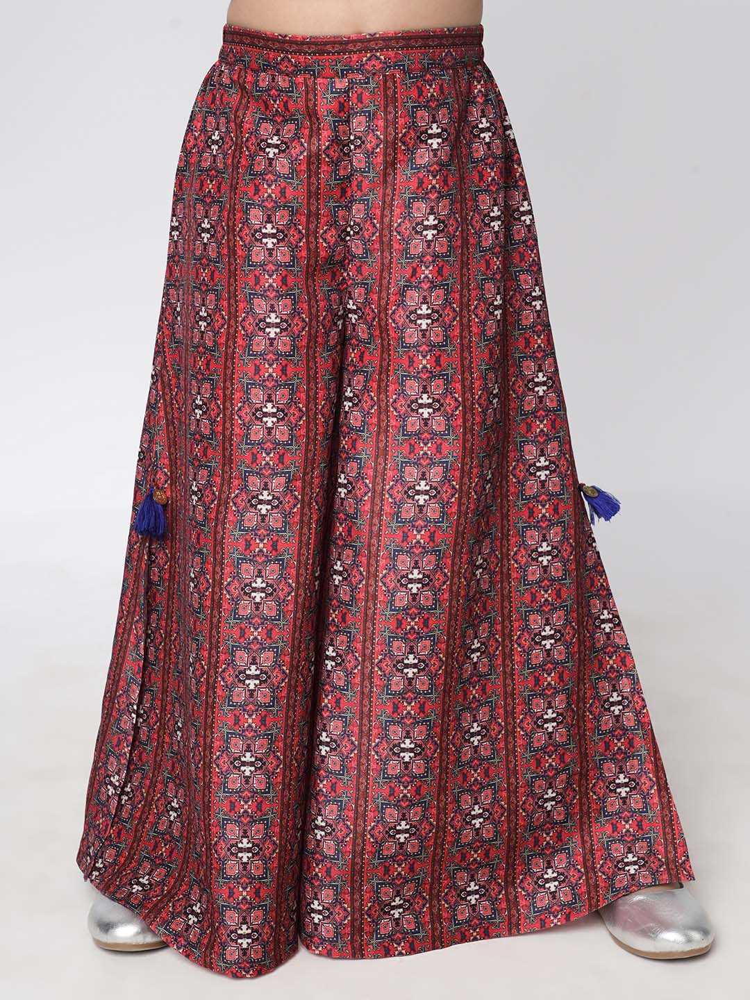 Ethnic Twist Girls Red Print Flared Palazzo with Top and Jacket Girls Co-ordinate set