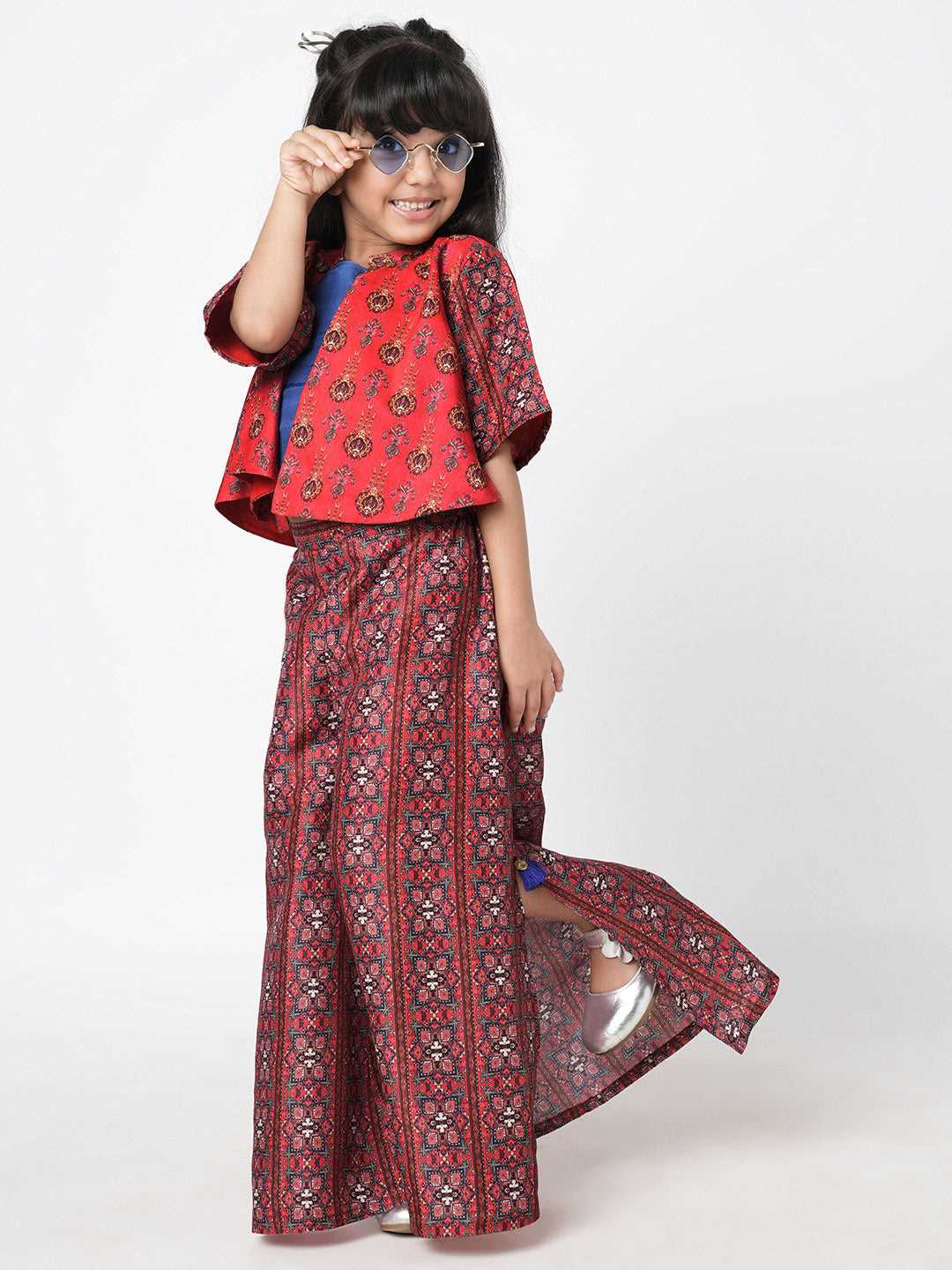 Ethnic Twist Girls Red Print Flared Palazzo with Top and Jacket Girls Co-ordinate set