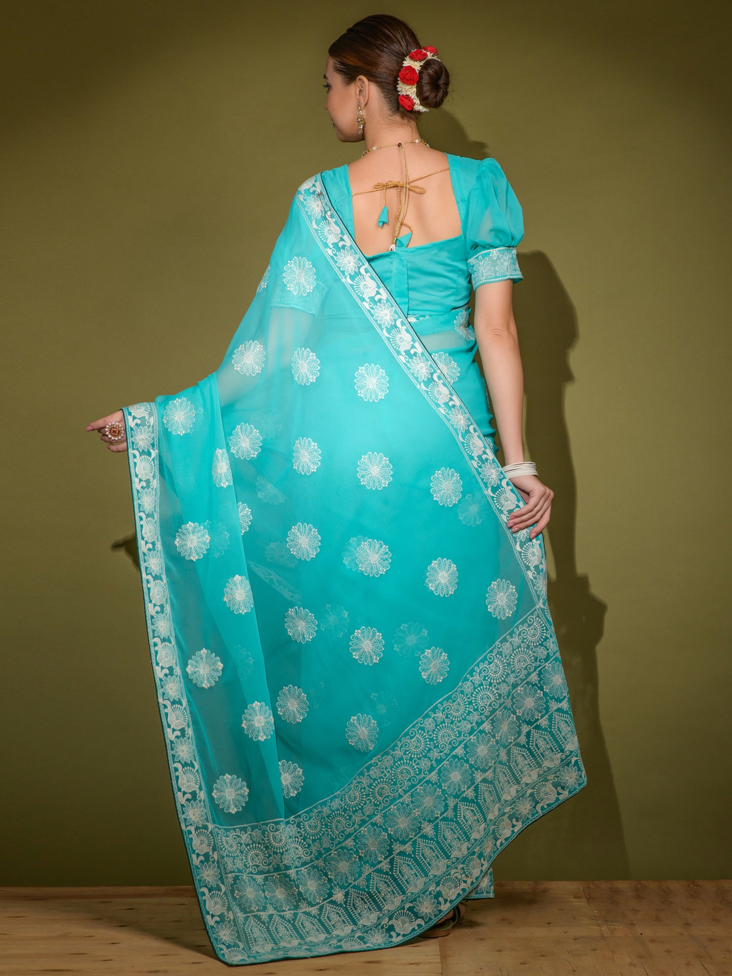 Women's Georgette Blue Embellished Designer Saree With Blouse Piece
