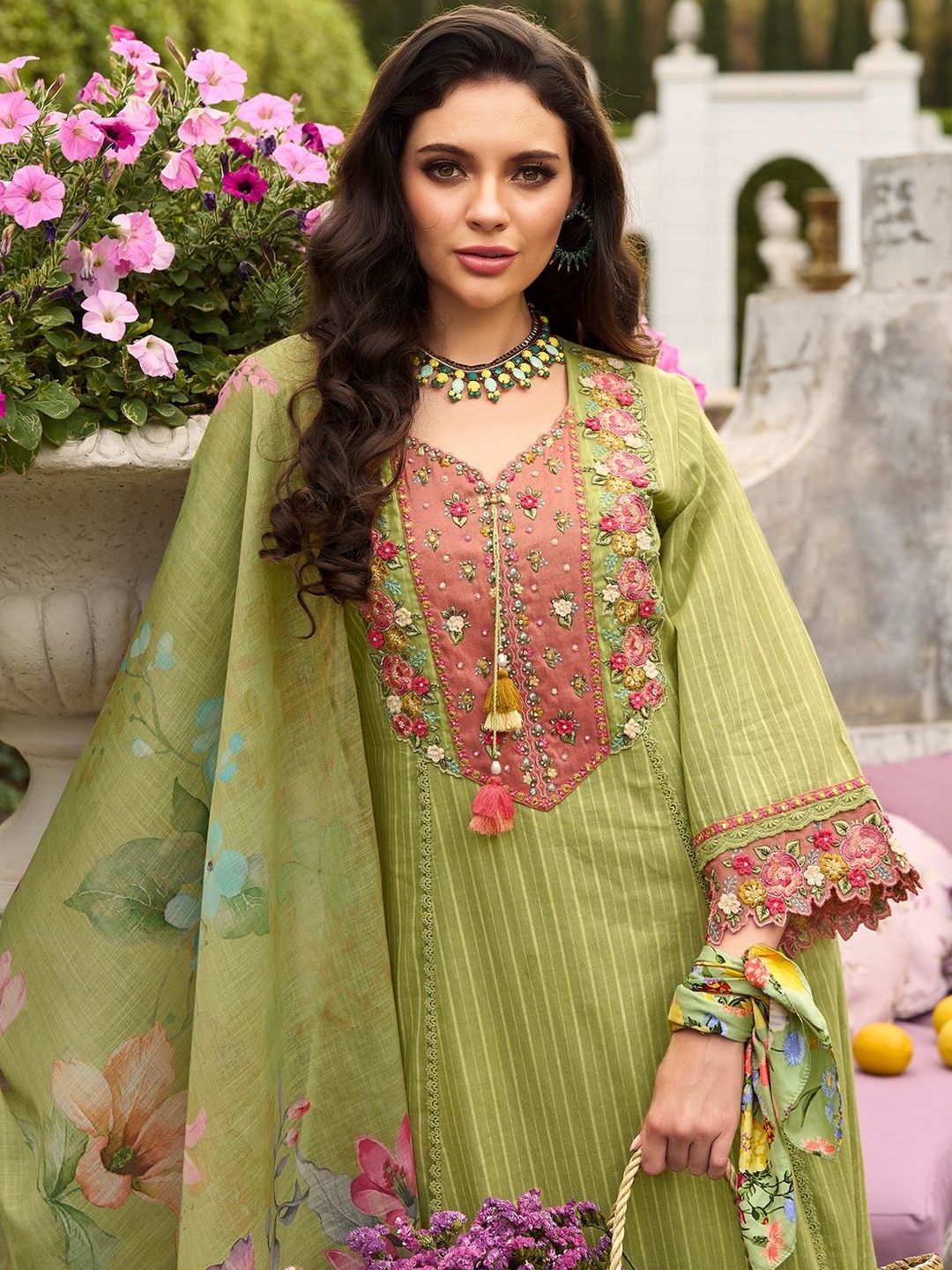 Women Floral Embroidered Cotton Kurta with Trousers & Dupatta