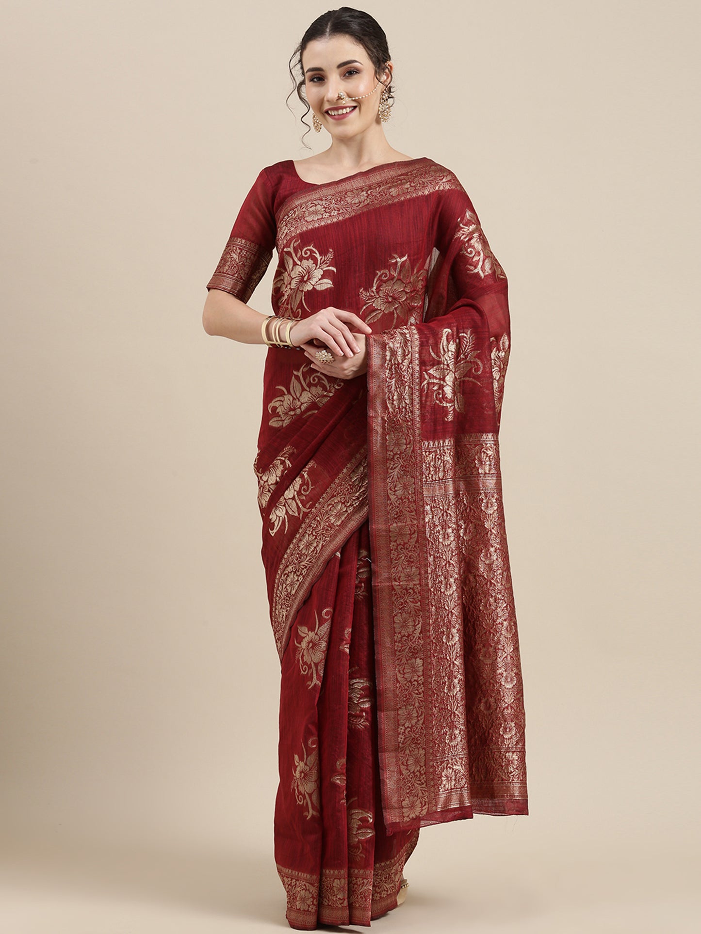 Women's Linen Maroon Woven Design Woven saree With Blouse Piece