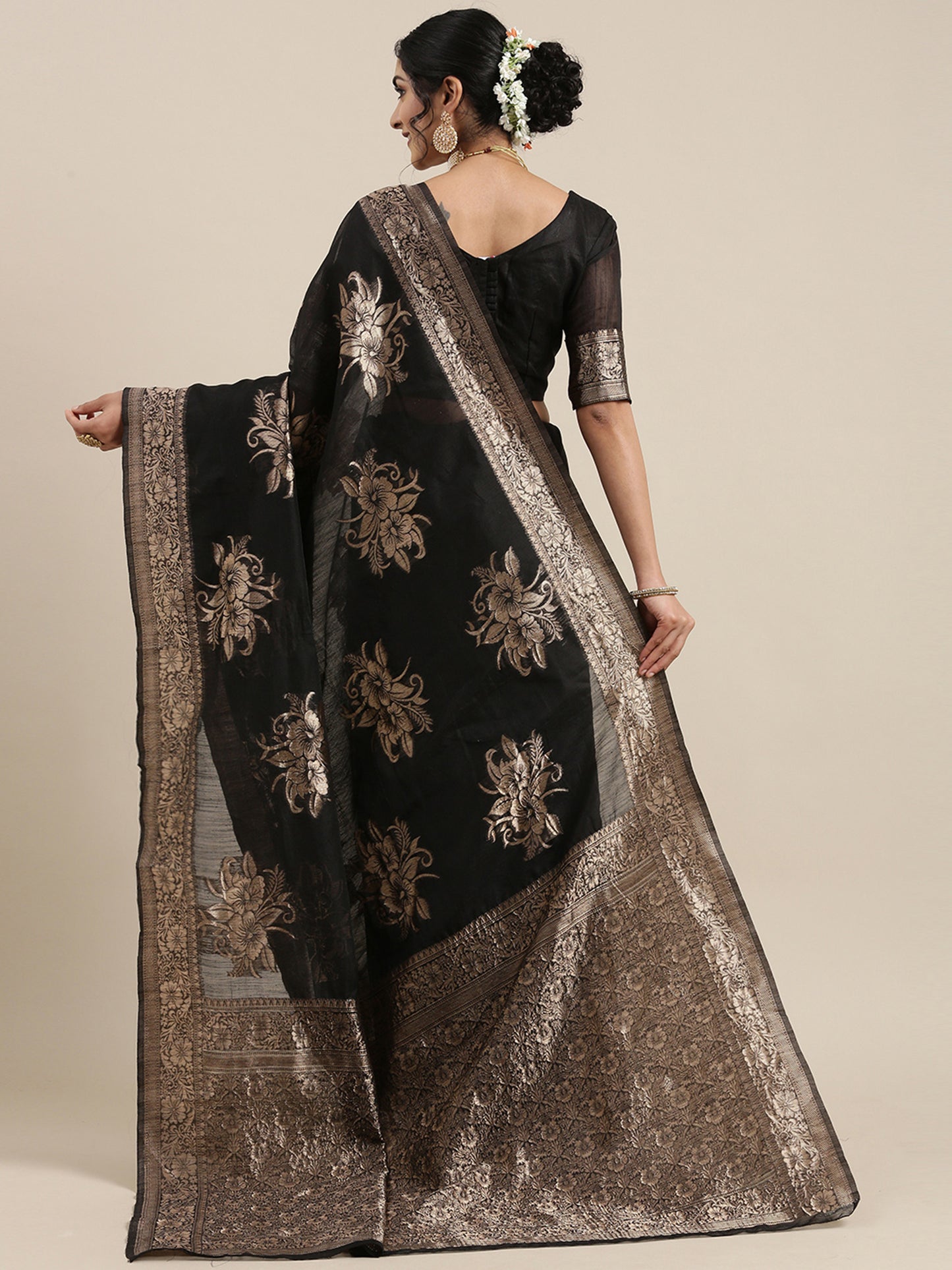 Women's Linen Black Woven Design Woven saree With Blouse Piece