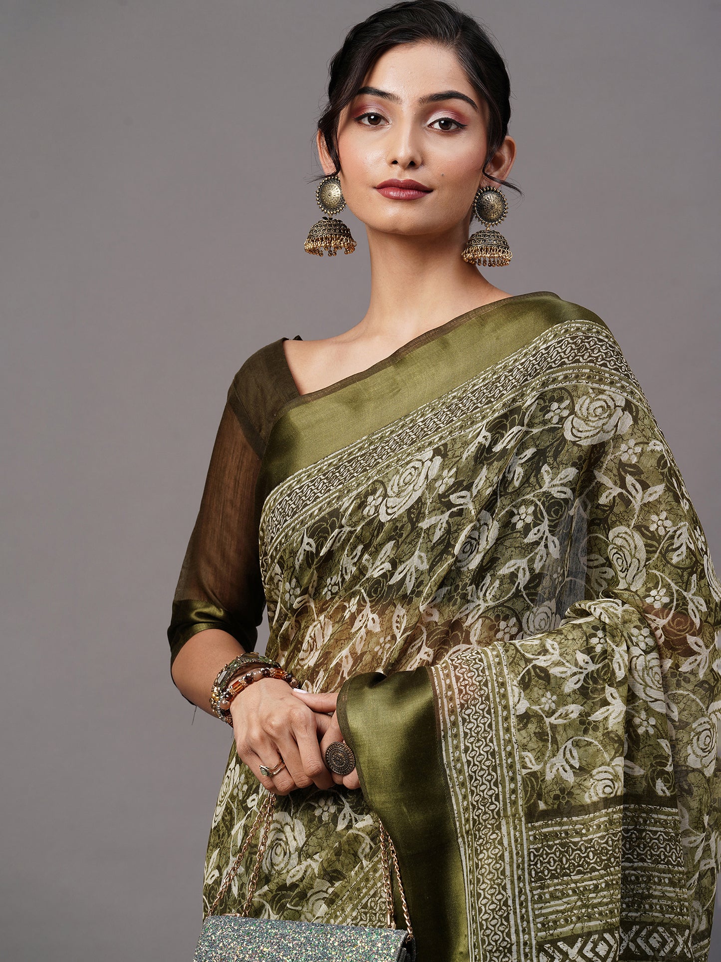 Women's Cotton Blend Olive Printed Designer Saree With Blouse Piece