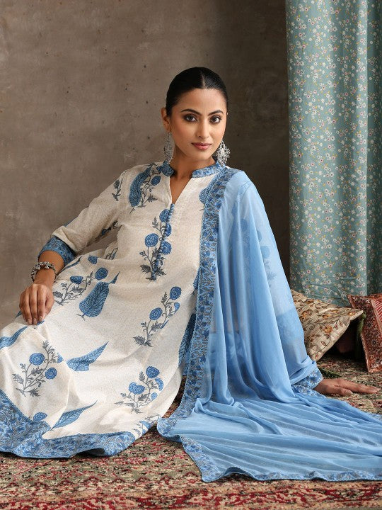 Women's Floral Printed Notch Neck Pure Cotton A-Line Kurta with Palazzos & Dupatta