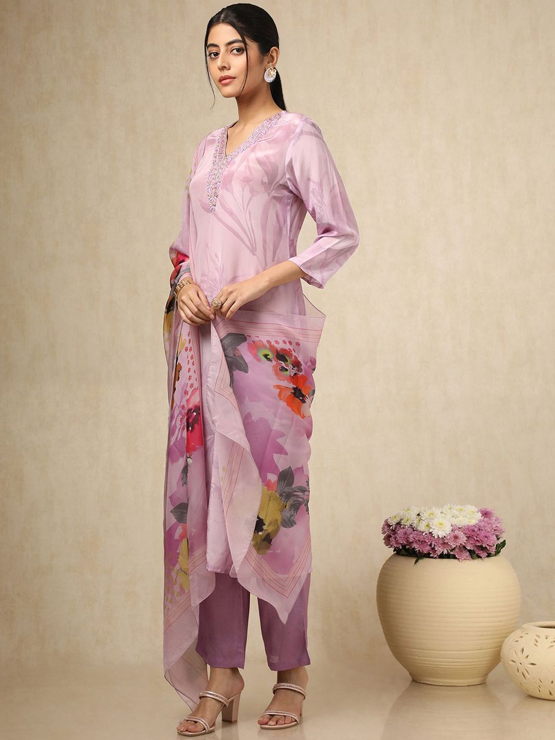 Dhiyona SO Women's Floral Printed V Neck Thread Work Silk Crepe Kurta With Trousers & Dupatta