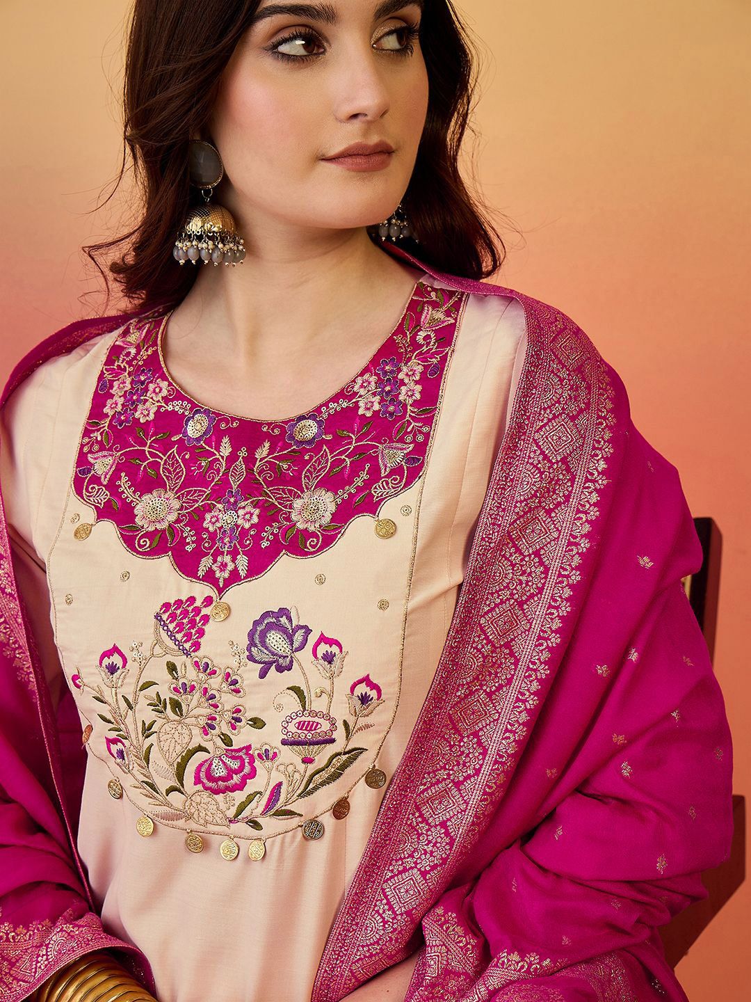 Dhiyona SN Women's Floral Yoke Design Panelled Thread Work A-Line Kurta With Trouser And Dupatta