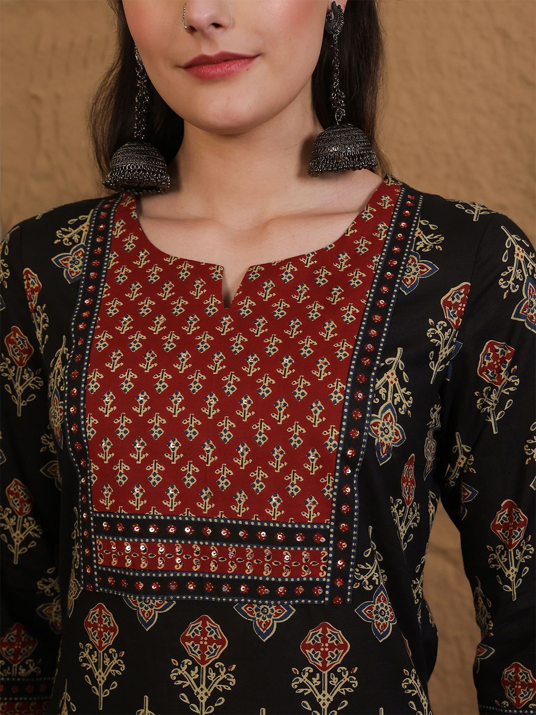 Dhiyona SN Women's Ethnic Motifs Printed Sequinned Pure Cotton Kurta Set With Dupatta