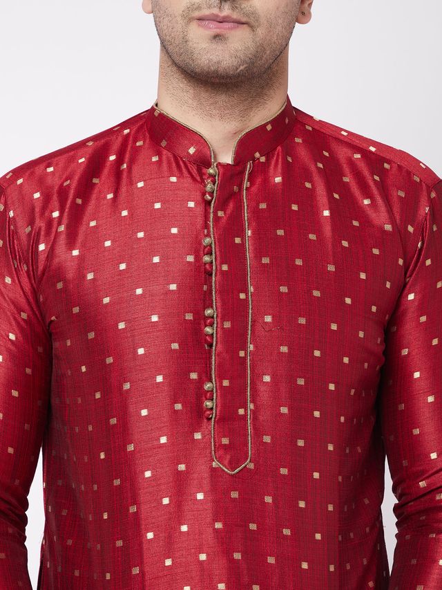 Men's Maroon Silk Blend Straight Kurta and Dhoti Set