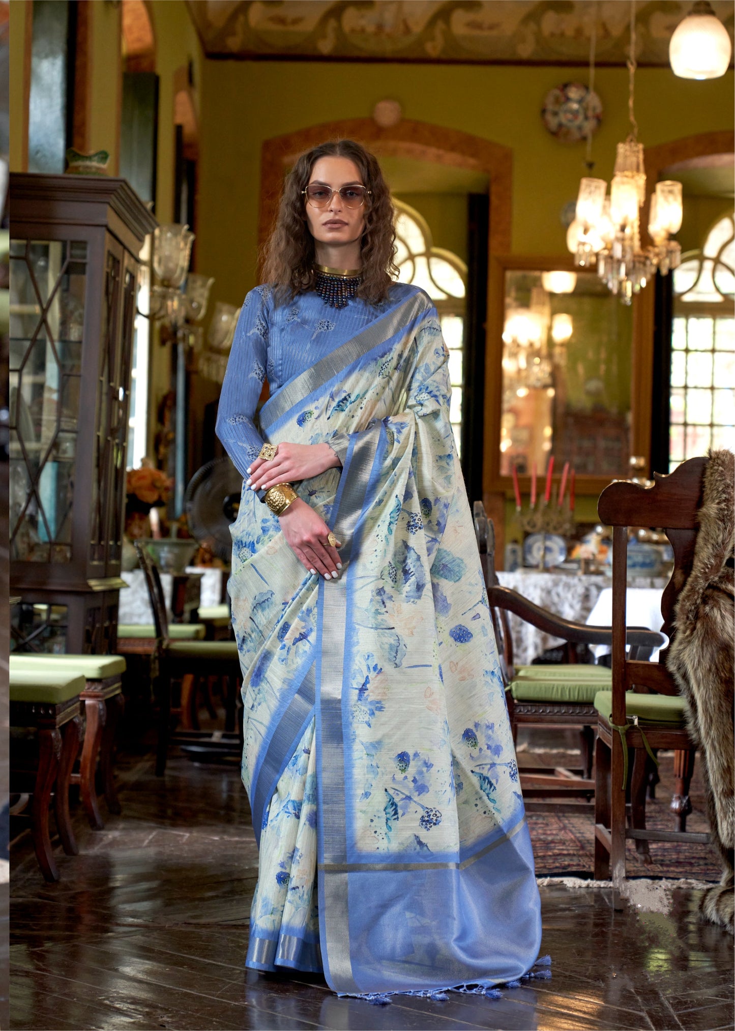 Dhiyona GR Women's Luxuria Blue Banarasi Digital Soft Silk Saree