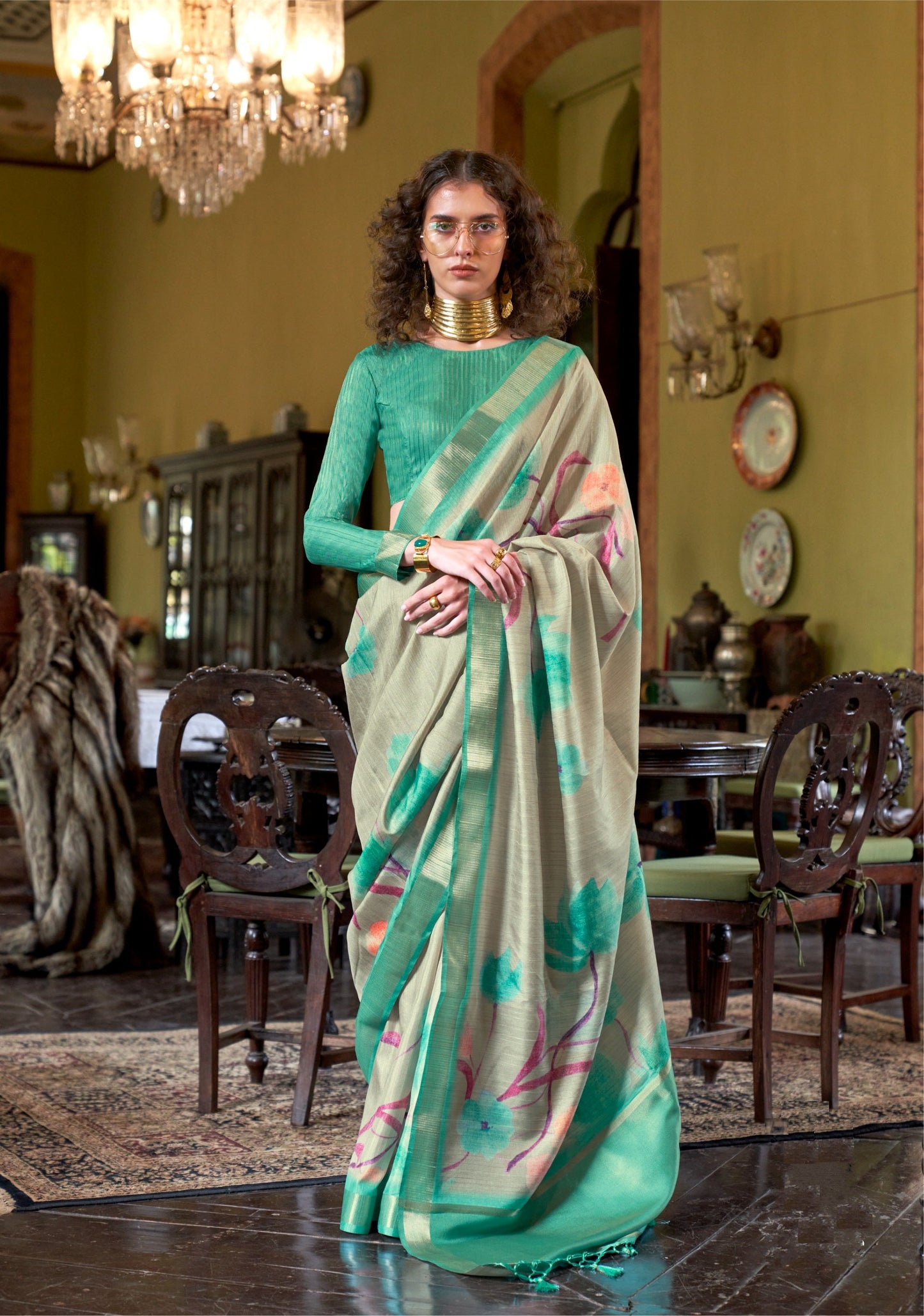 Dhiyona GR Women's Luxuria Turquoise Banarasi Digital Soft Silk Saree