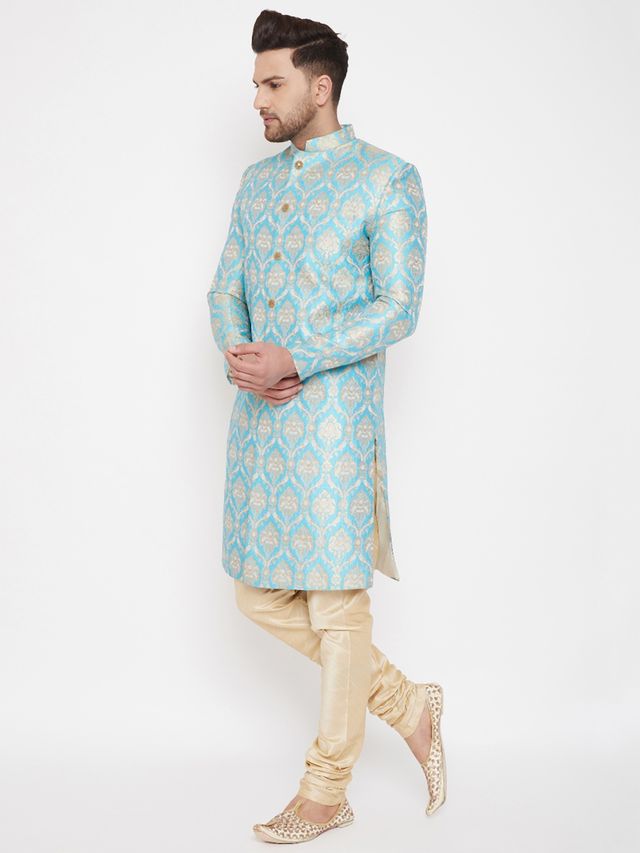 Men's Aqua Silk Blend Straight Sherwani Set
