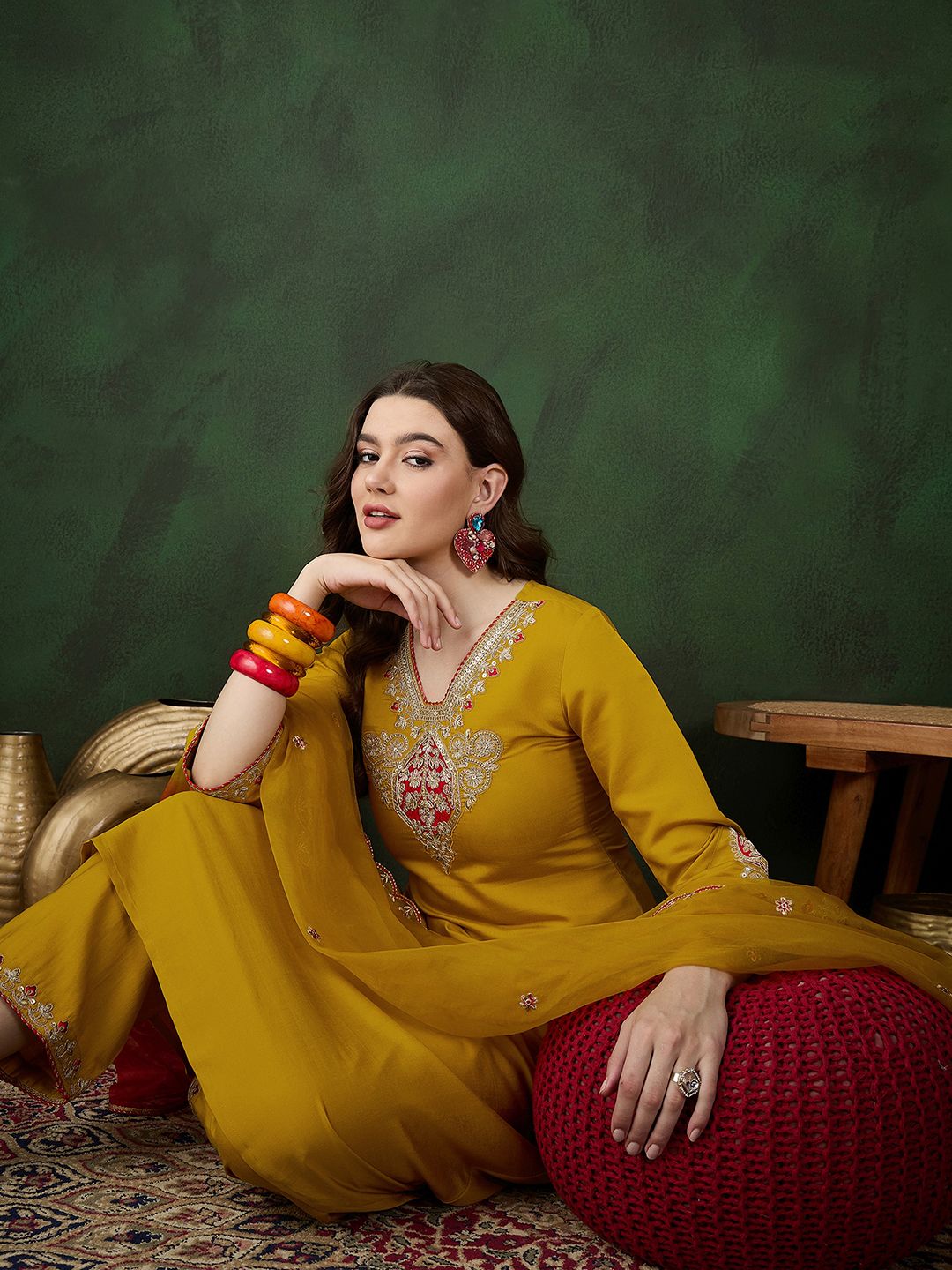 Dhiyona SN Women's Yellow Floral Embroidered Regular Sequinned Kurta With Trouser With Dupatta