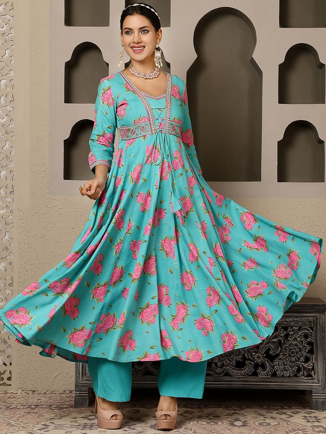 Dhiyona SN Women's Floral Printed Anarkali Kurta with Trouser & Dupatta