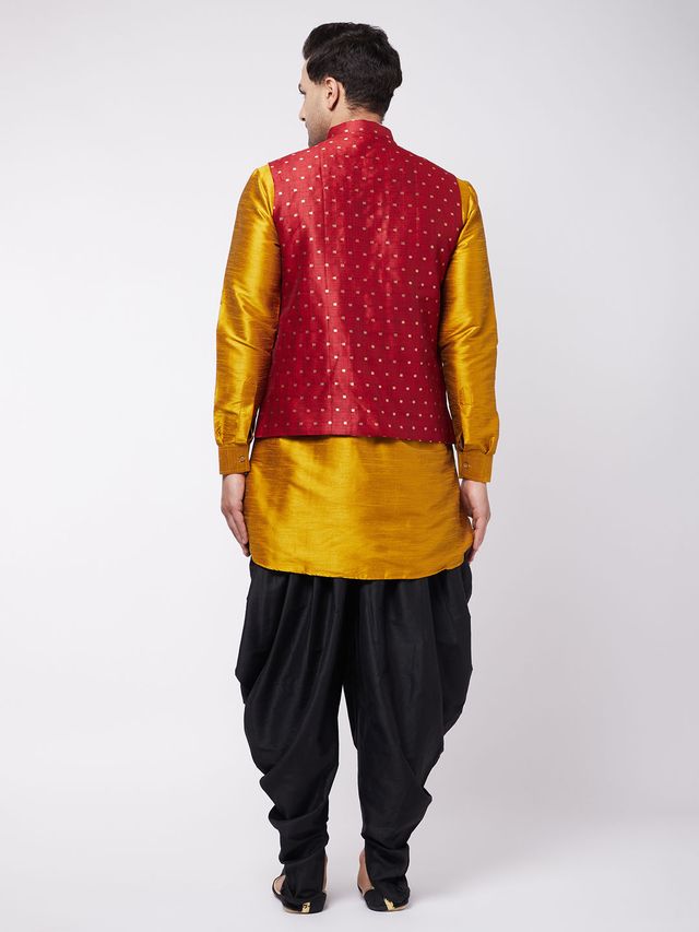 Men's Mustard Silk Blend Straight Jacket Kurta and Dhoti Set