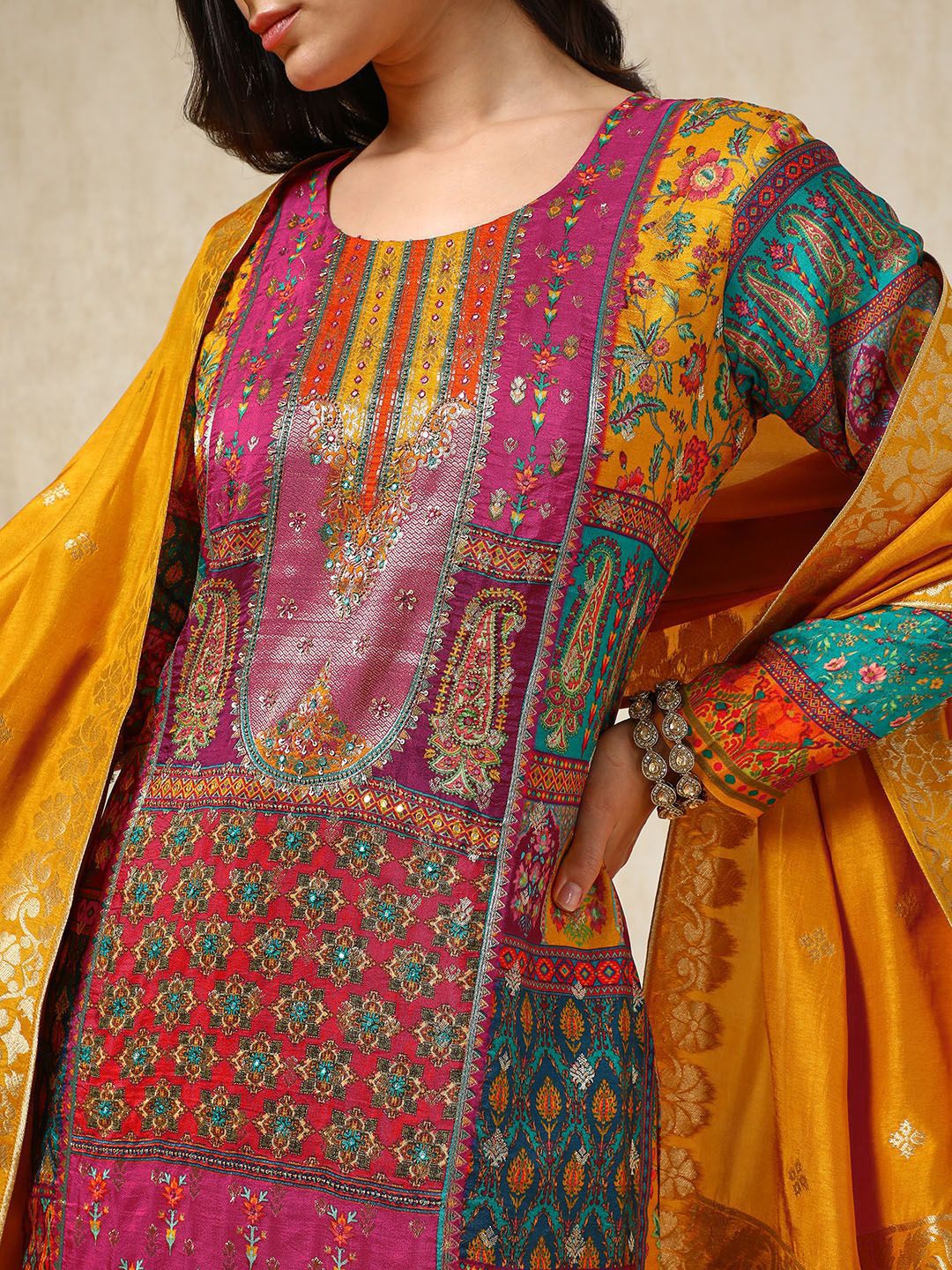 Dhiyona SO Women's Ethnic Motifs Printed Mirror Work Straight Kurta With Trouser & Dupatta