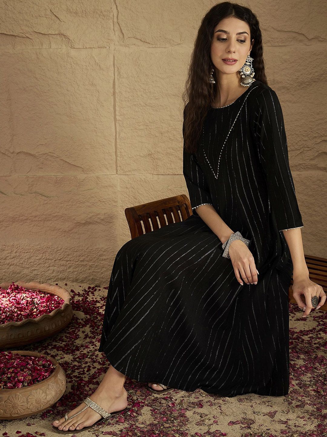 Dhiyona VA Women's Striped Round Neck Gotta Patti Silk Crepe Kurta with Trousers