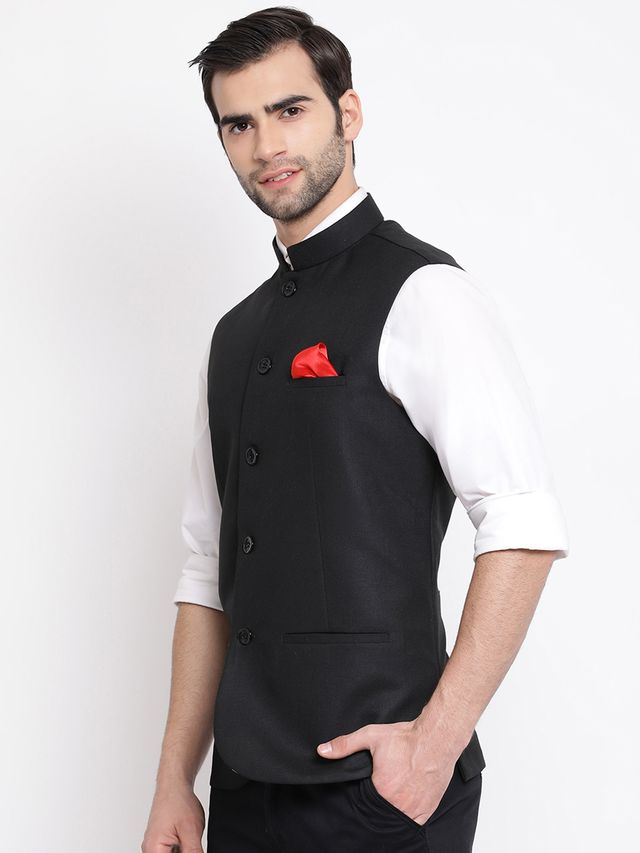 Men's Black Cotton Silk Straight Nehru Jacket