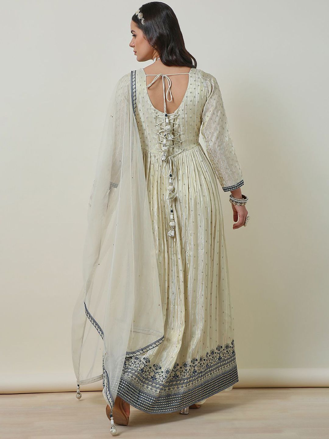 Dhiyona SO Women's Alina Cut Beige Embroidered V-Neck Thread Work Tissue Anarkali Kurta With Palazzos & Dupatta