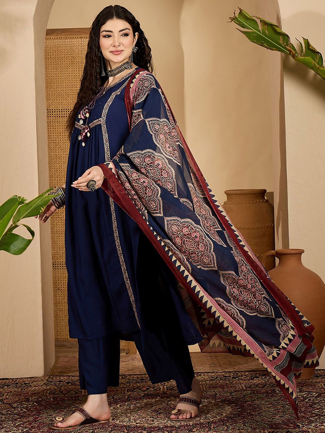 Dhiyona SN Women's Printed A-Line Kurta Trouser With Dupatta Set