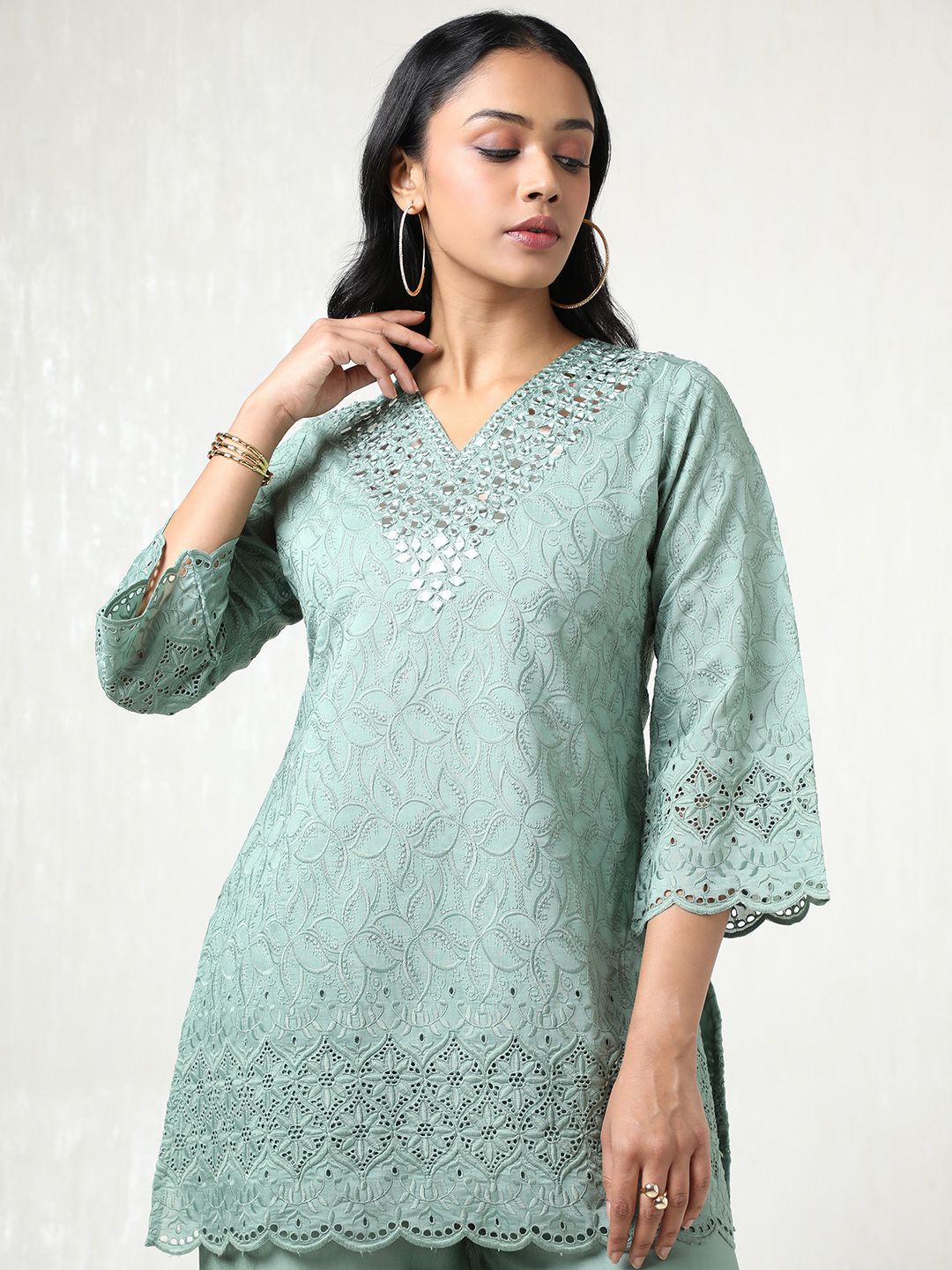 Dhiyona SO Women's Women Embroidered Angrakha Mirror Work Kurta with Palazzos