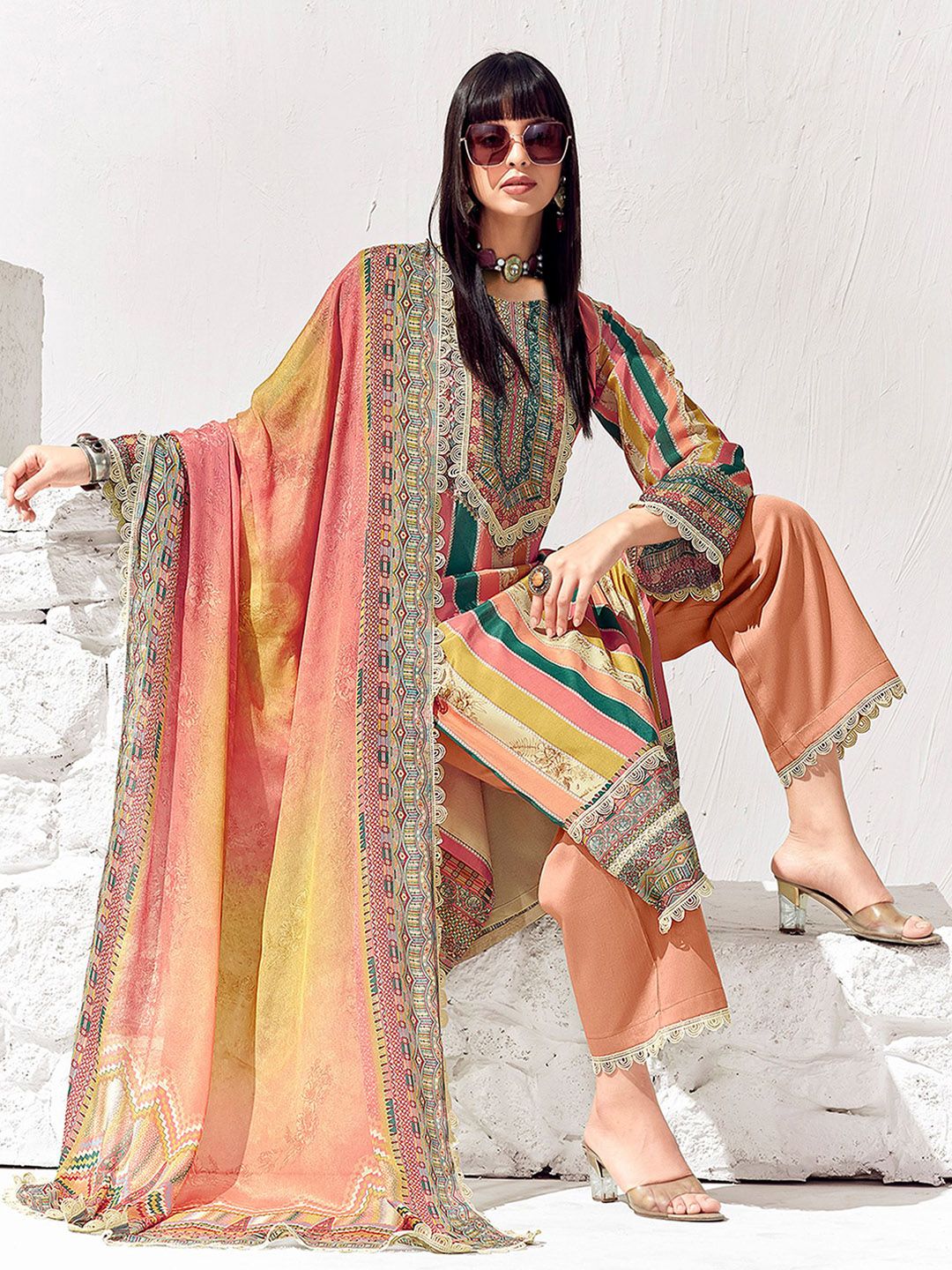 Dhiyona IE Peach Coloured Floral Printed Straight Kurta with Trousers & Dupatta