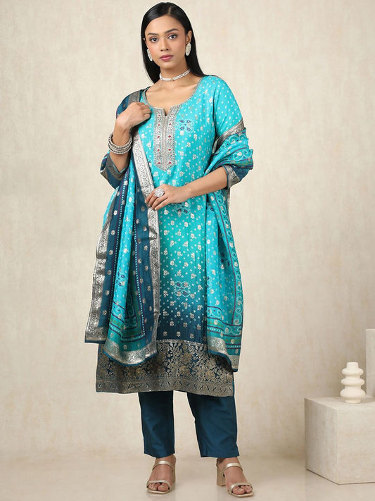 Dhiyona SO Women's Bandhani Printed Thread Work Brocade Straight Kurta With Trousers And Dupatta