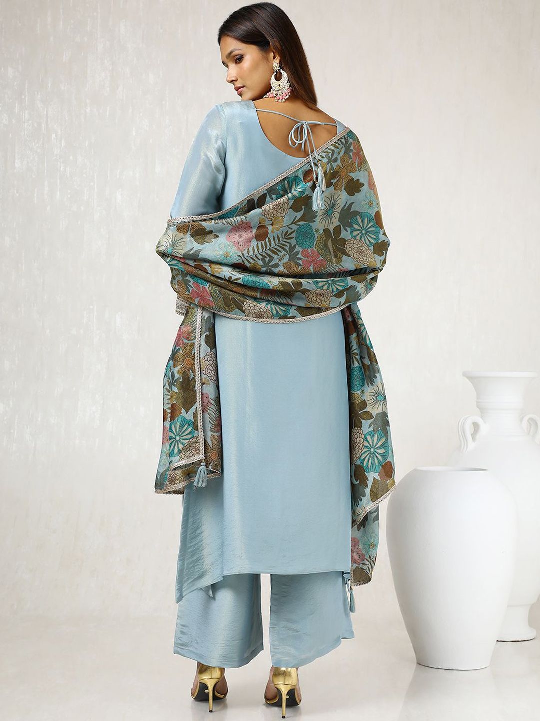 Dhiyona SO Women's Blue Paisley Embroidered Regular Beads Work Tissue Straight Kurta & Palazzo & Dupatta