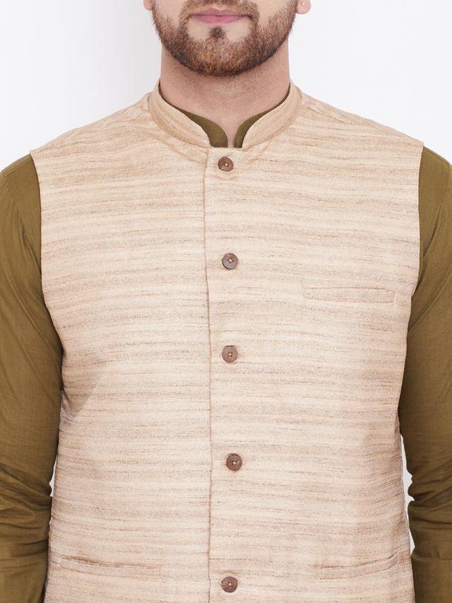 Men's Mehendi Green Cotton Blend Straight Jacket Kurta and Pyjama Set