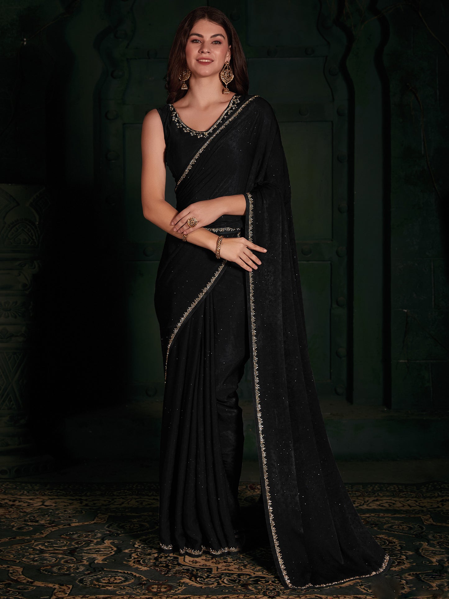 Women's Velvet Black Embellished Designer Saree With Blouse Piece