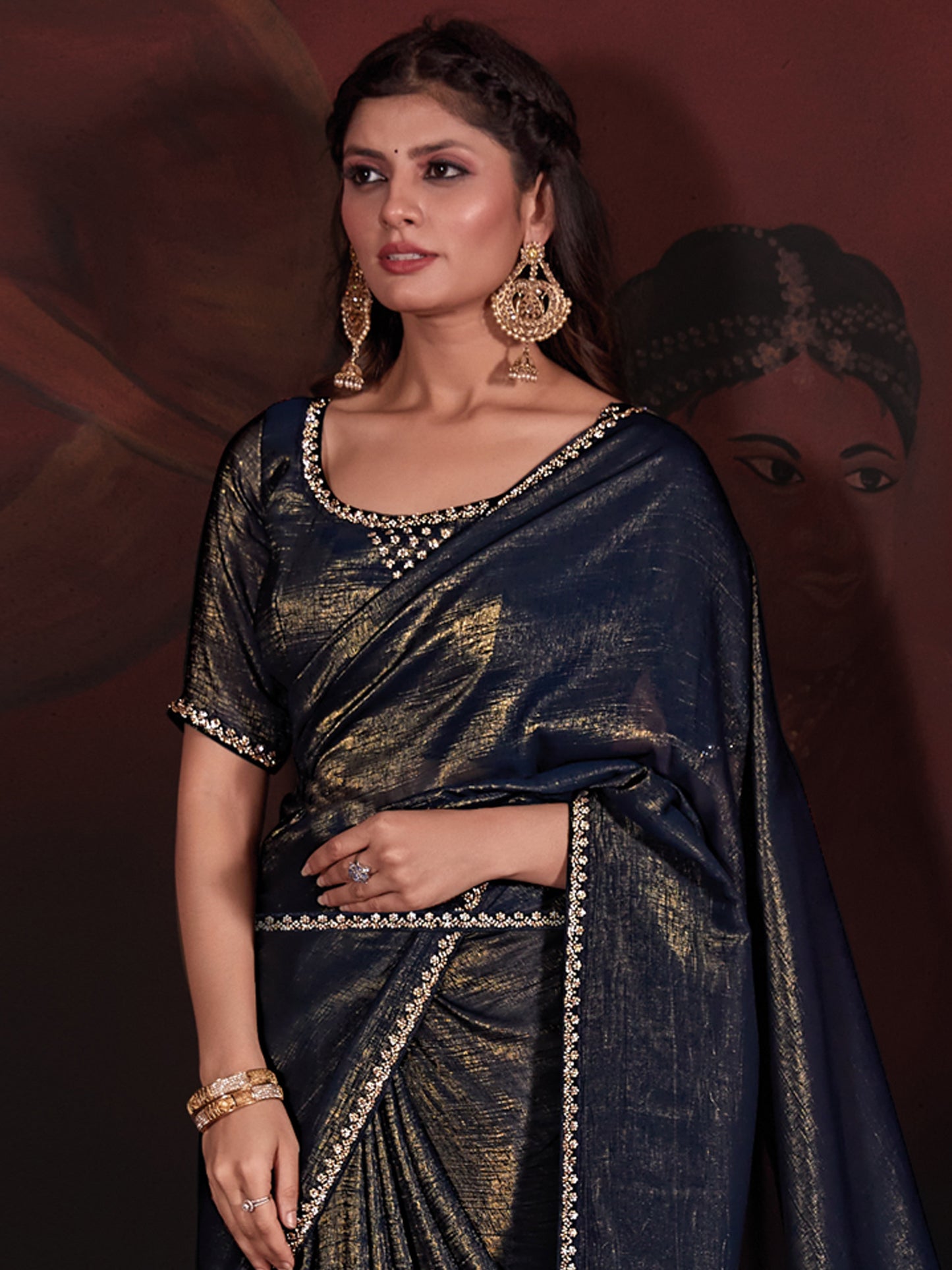 Women's Viscose Silk Navy Blue Embellished Designer Saree With Blouse Piece