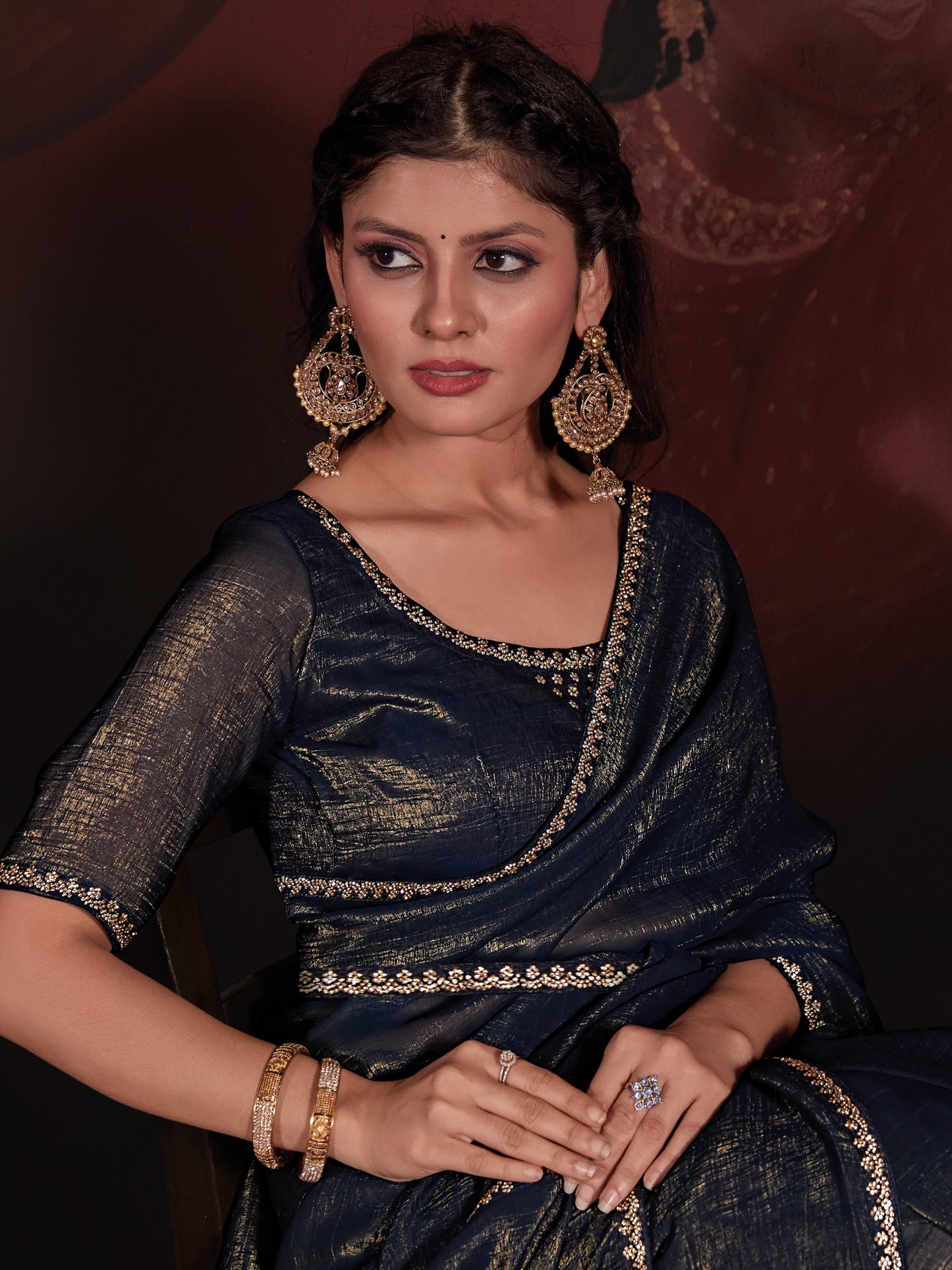 Women's Viscose Silk Navy Blue Embellished Designer Saree With Blouse Piece