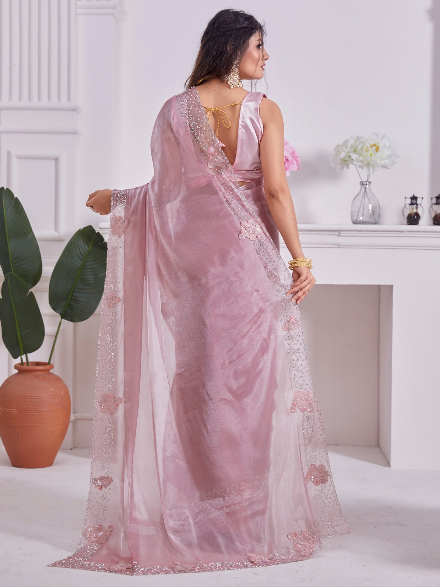 Women's Organza Pink Embellished Designer Saree With Blouse Piece