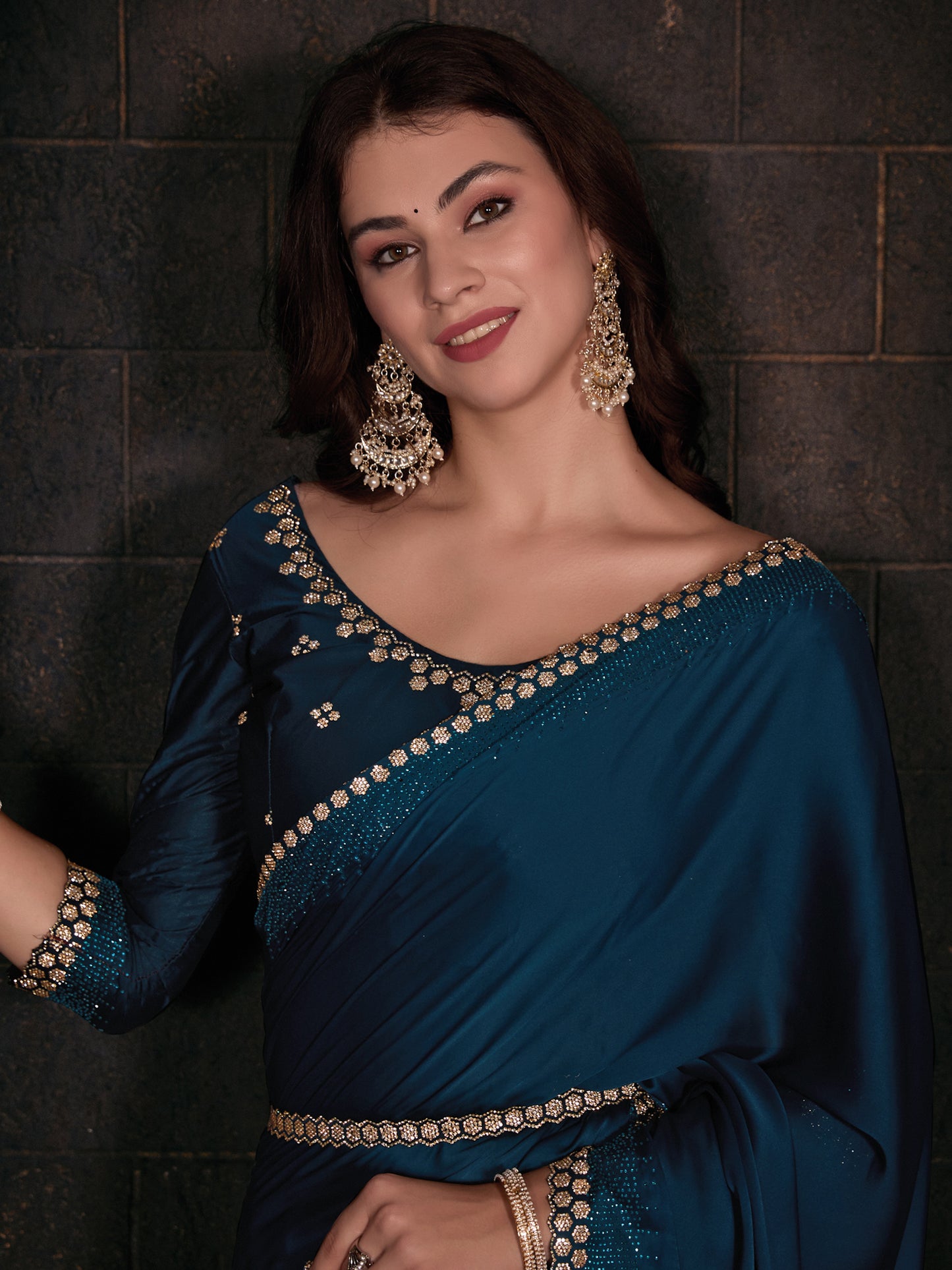Women's Satin Silk Teal blue Embellished Designer Saree With Blouse Piece