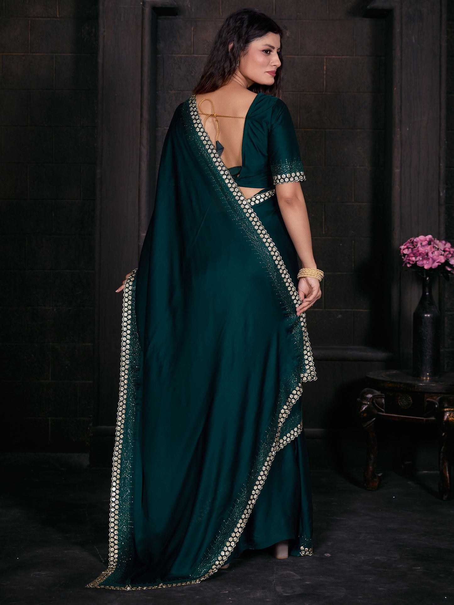 Women's Satin Silk Teal green Embellished Designer Saree With Blouse Piece