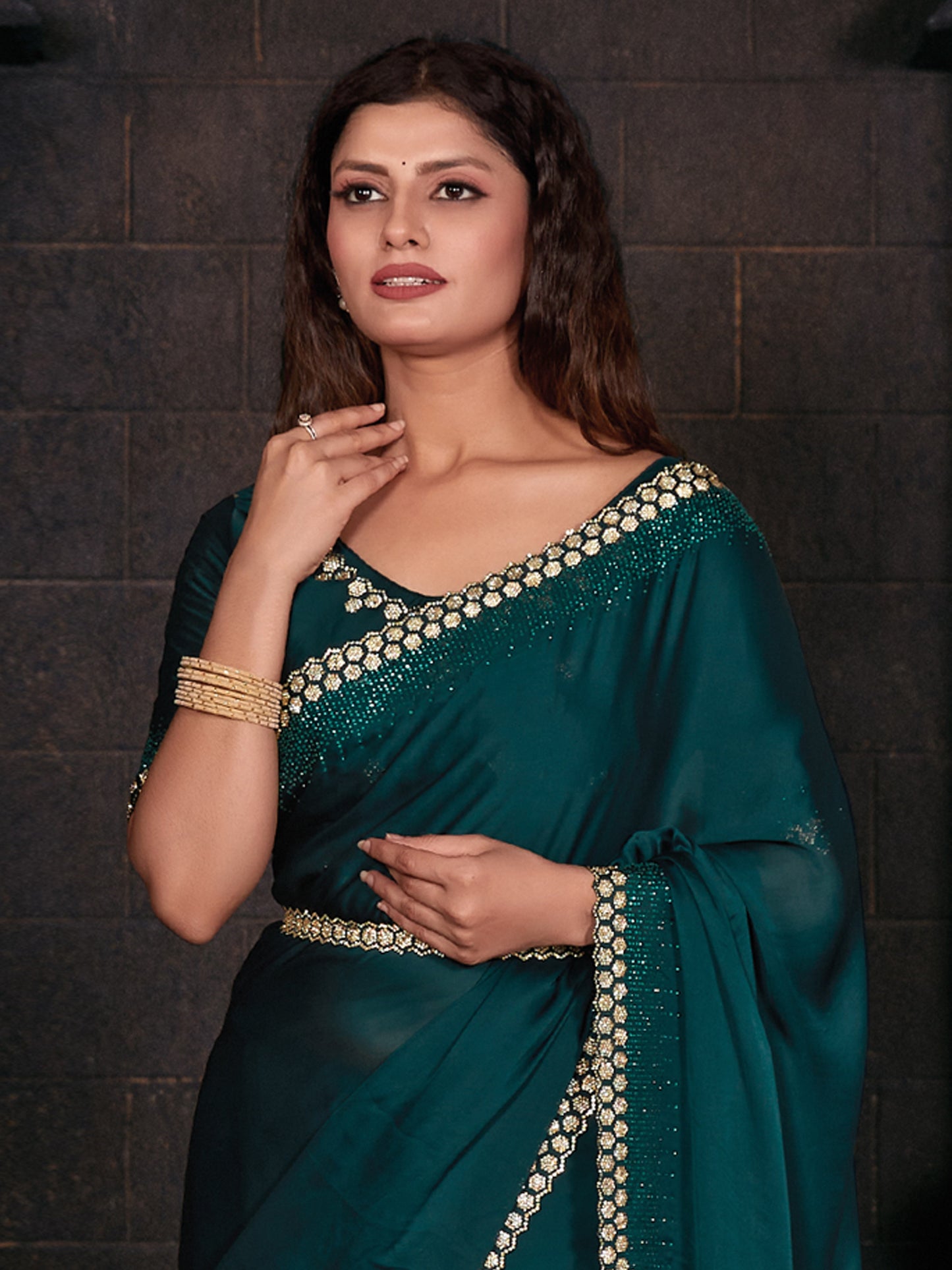 Women's Satin Silk Teal green Embellished Designer Saree With Blouse Piece
