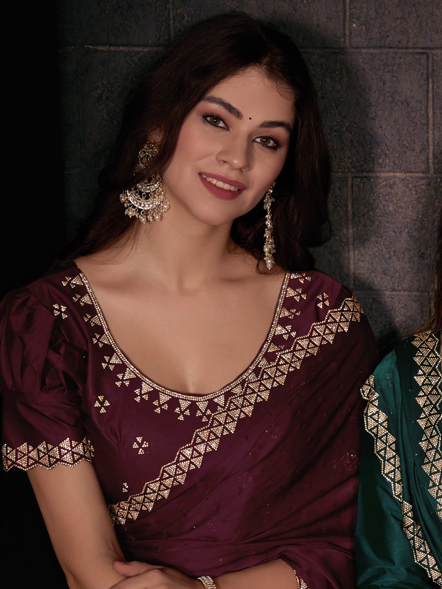 Women's Satin Silk Magenta Embellished Designer Saree With Blouse Piece