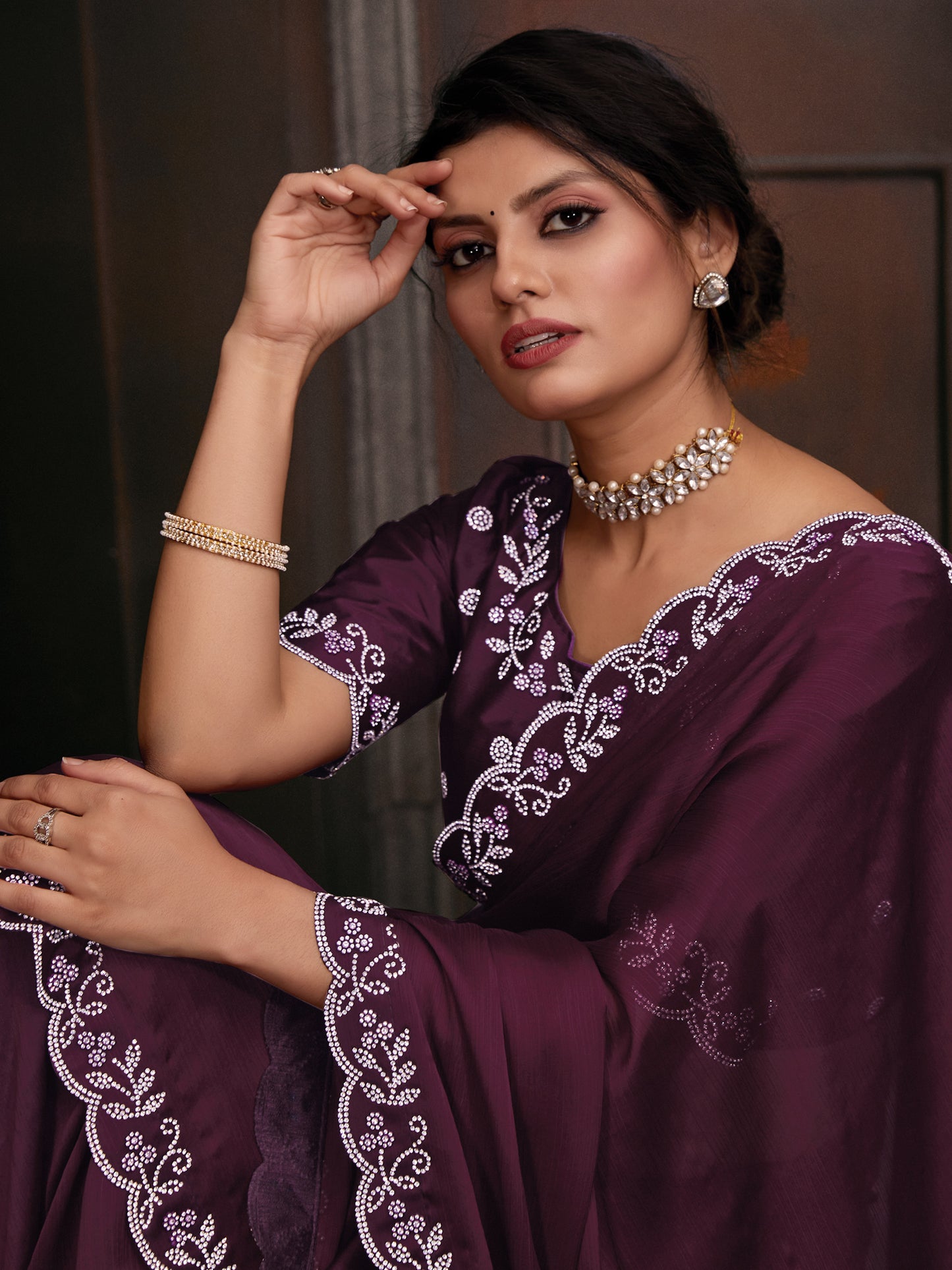 Women's Chiffon Magenta Embellished Designer Saree With Blouse Piece