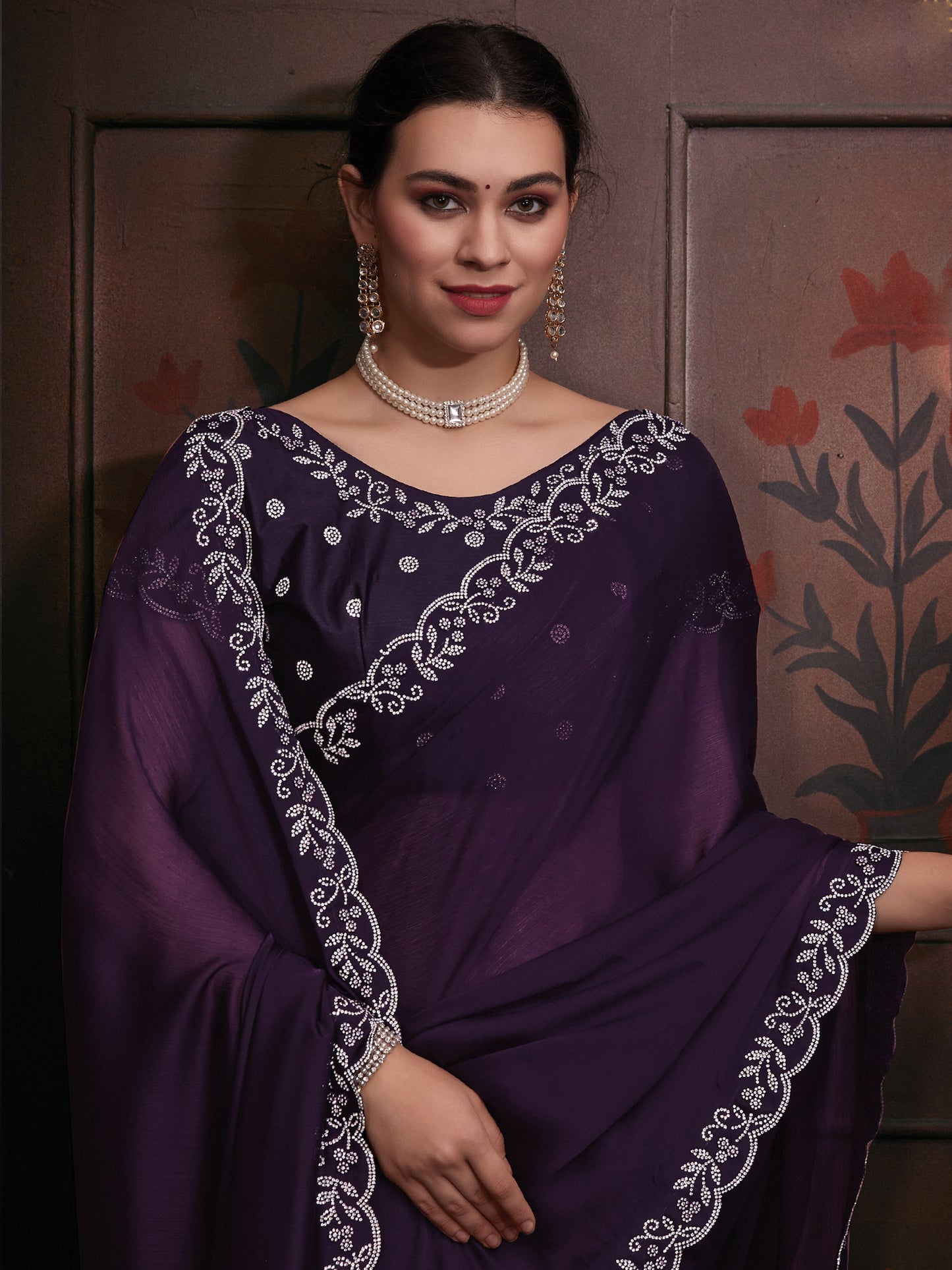 Women's Chiffon Purple Embellished Designer Saree With Blouse Piece