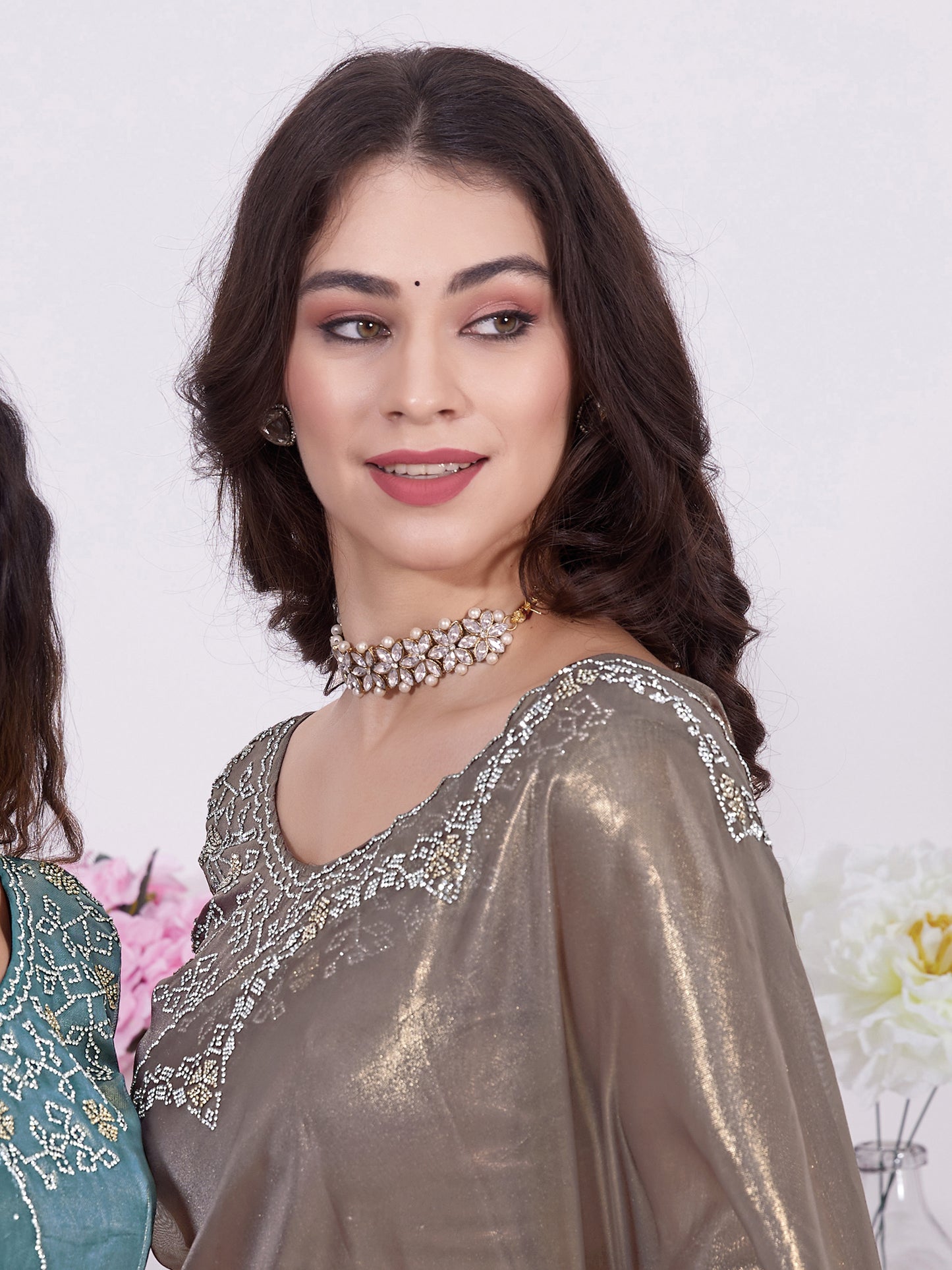 Women's Organza Bronze Embellished Designer Saree With Blouse Piece