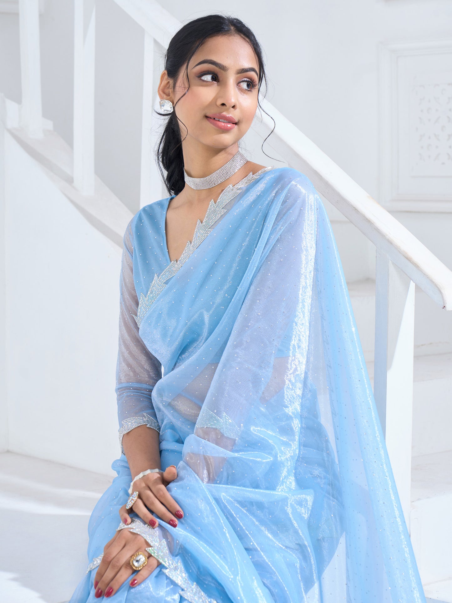 Women's Organza Light Blue Embellished Designer Saree With Blouse Piece