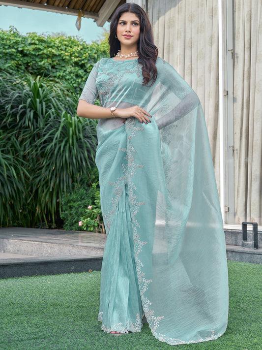 Women's Organza Light Blue Embellished Designer Saree With Blouse Piece