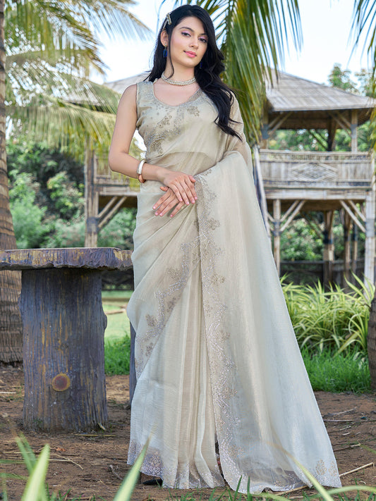 Women's Organza Off White Embellished Designer Saree With Blouse Piece