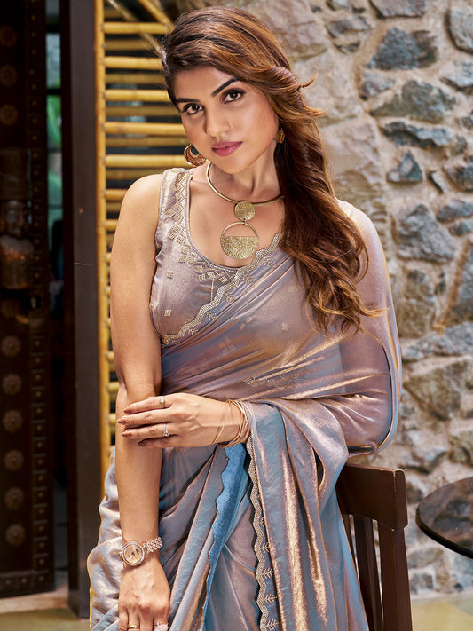 Women's Pure Chiffon Metallic Embellished Designer Saree With Blouse Piece