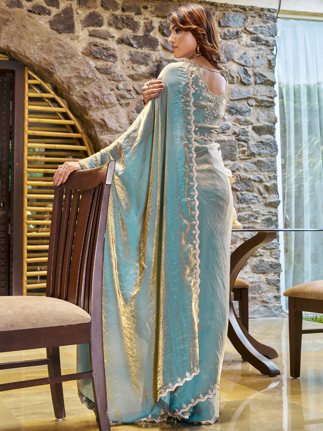 Women's Pure Chiffon Teal blue Embellished Designer Saree With Blouse Piece