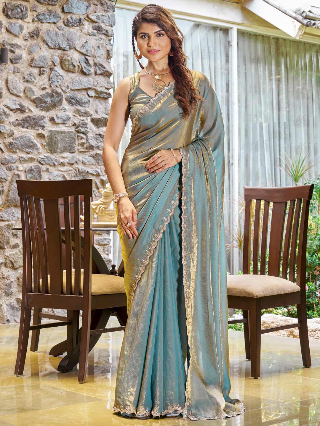 Women's Pure Chiffon Teal blue Embellished Designer Saree With Blouse Piece