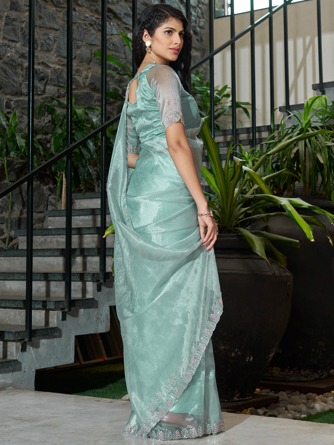 Women's Organza Sea Green Embellished Designer Saree With Blouse Piece