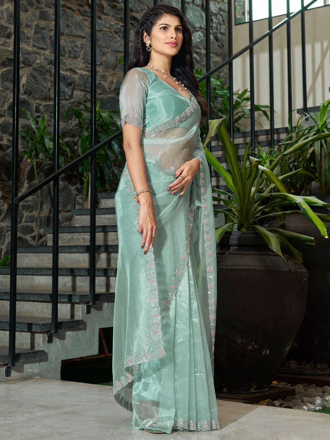 Women's Organza Sea Green Embellished Designer Saree With Blouse Piece